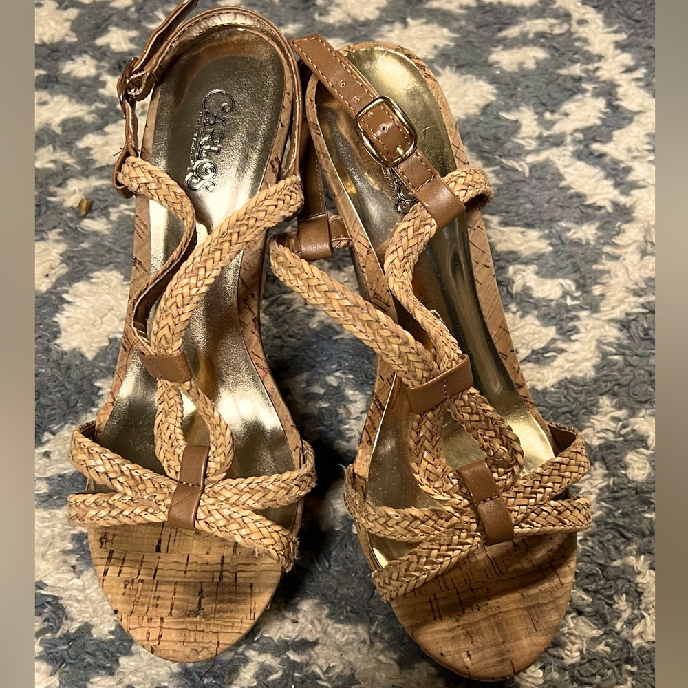 Women’s size 7, Carlos Santana wedge, cork, strapping sandals